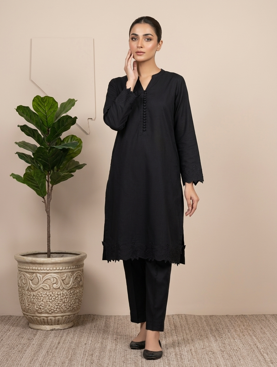 Elegant Black Embroidered 2 Piece